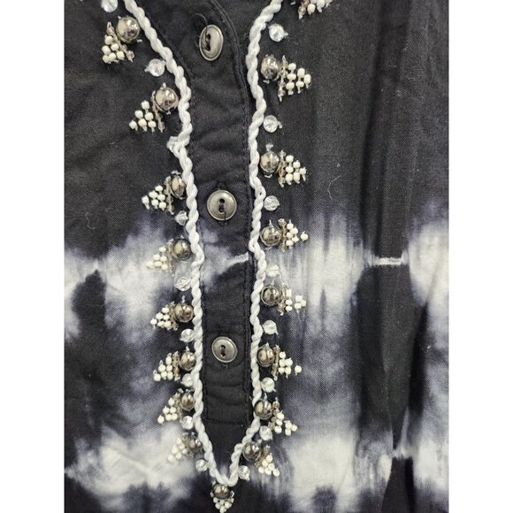 Bandolino Womens BOHO Hippie Blouse Top Size XL Black Tie Dye Beaded 1/2 Button - Picture 2 of 7
